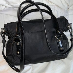 KATE SPADE Leslie Fold Over Nylon & Patent Leather Satchel Shoulder Bag Black